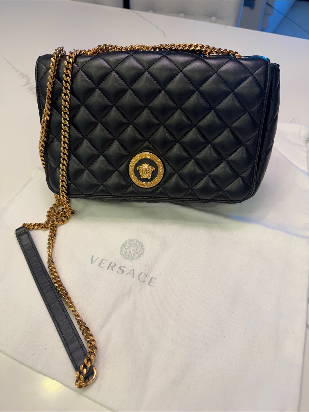 Versace Black Quilted Leather Crossbody with Gold Medallion and Chain